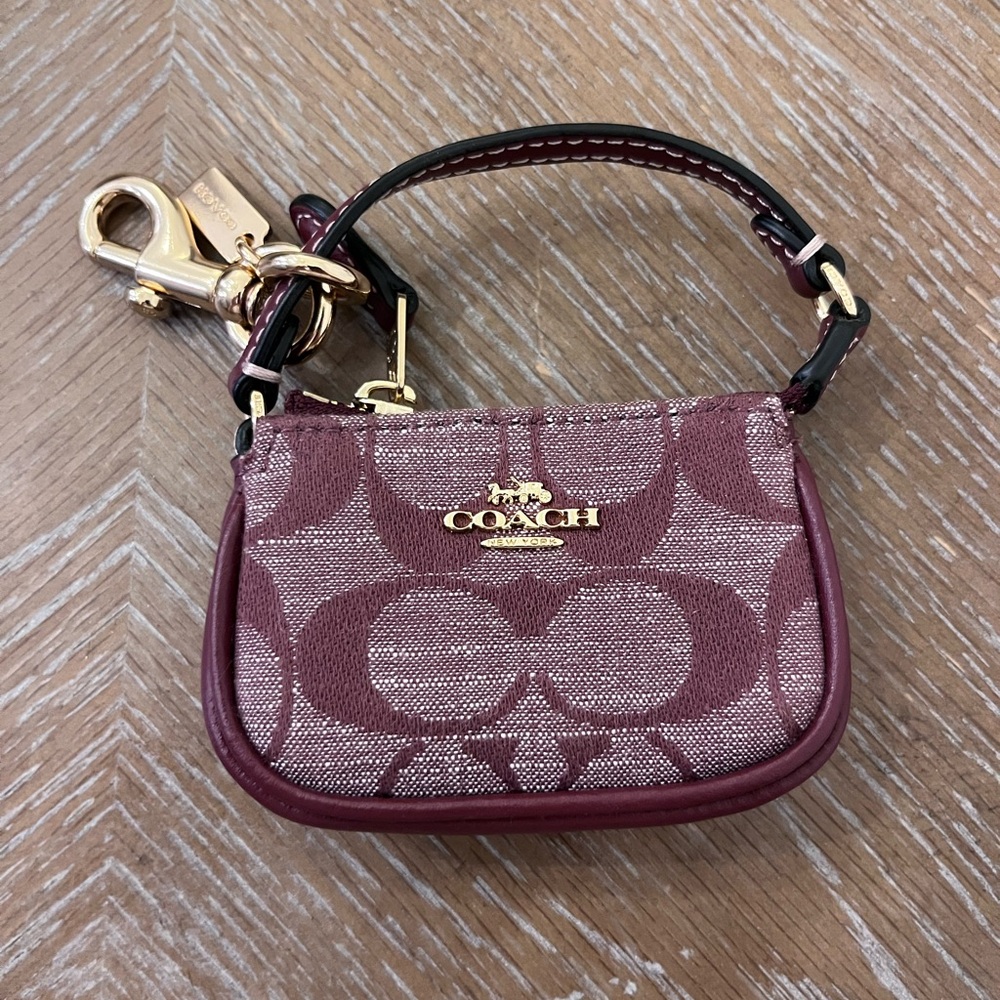 Coach Signature Mini Wristlet Keychain - Burgundy and Gold